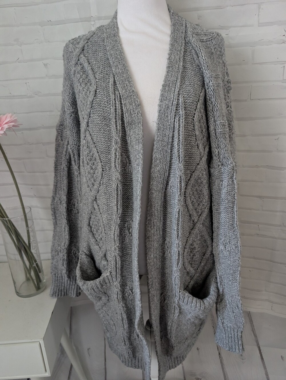 Cozy Gray Cable-Knit Open Cardigan Sweater
